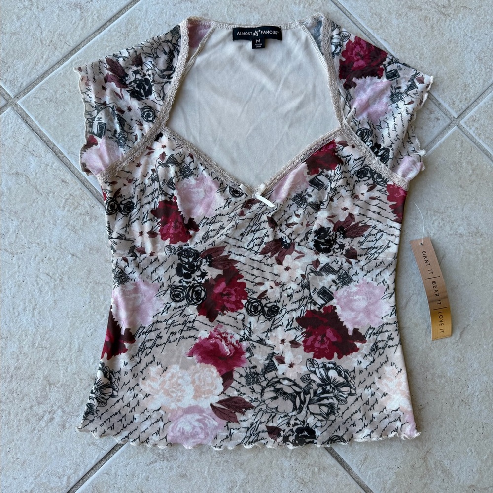NWT Y2K Mesh Floral + Print Babydoll Ruffle w/ Bow Top